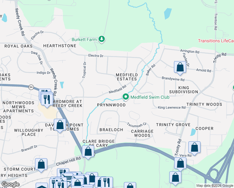 map of restaurants, bars, coffee shops, grocery stores, and more near 1408 Medfield Road in Raleigh