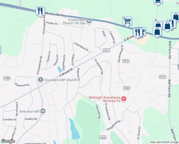 map of restaurants, bars, coffee shops, grocery stores, and more near 225 West Glen Eagles Road in Statesville