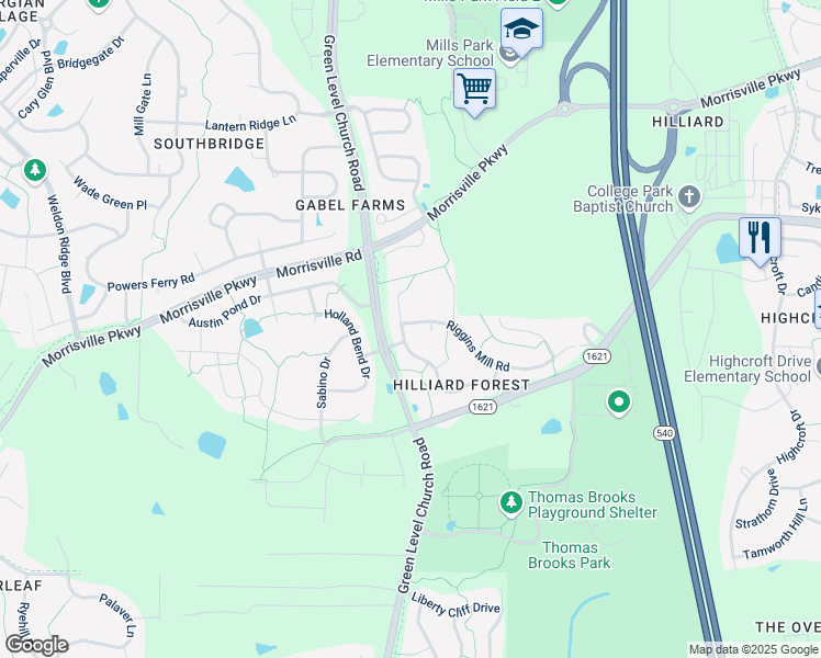 map of restaurants, bars, coffee shops, grocery stores, and more near 1008 Riggins Mill Road in Cary