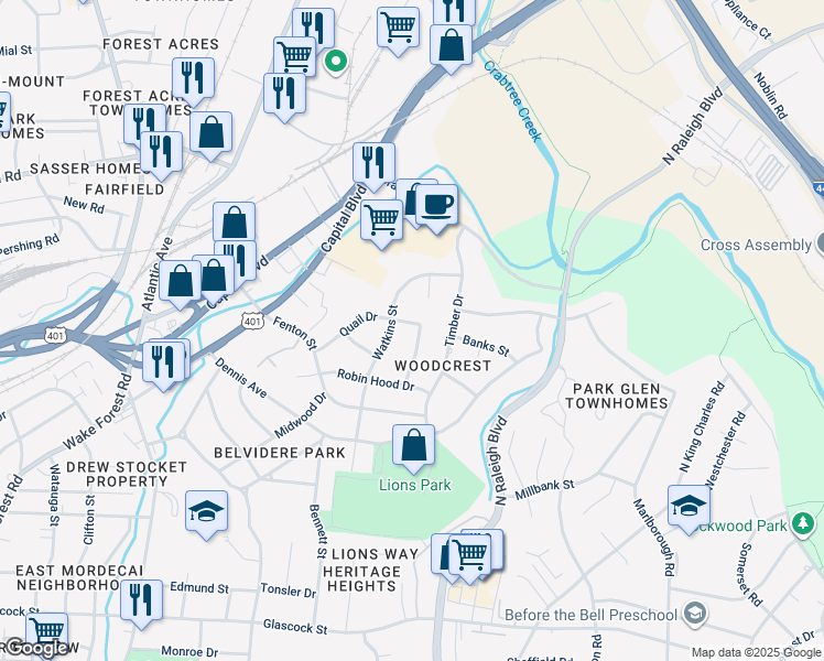 map of restaurants, bars, coffee shops, grocery stores, and more near 408 Quail Drive in Raleigh