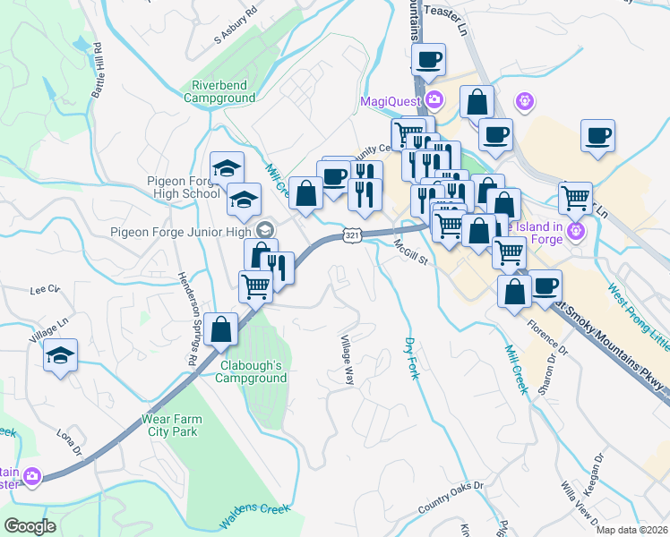 map of restaurants, bars, coffee shops, grocery stores, and more near 410 Big Bear Way in Pigeon Forge