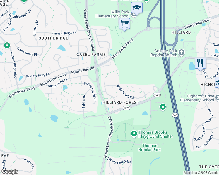 map of restaurants, bars, coffee shops, grocery stores, and more near 1008 Riggins Mill Road in Cary