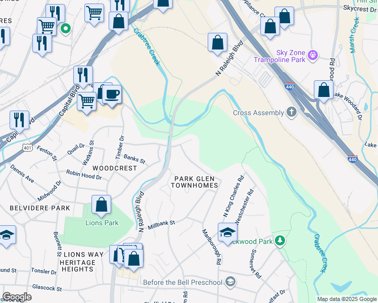 map of restaurants, bars, coffee shops, grocery stores, and more near 2256 Rumson Road in Raleigh