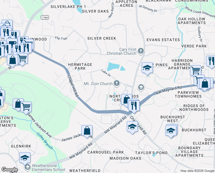map of restaurants, bars, coffee shops, grocery stores, and more near 1229 Mantra Ct in Cary