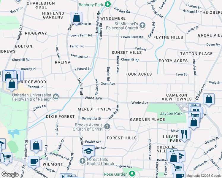 map of restaurants, bars, coffee shops, grocery stores, and more near 1220 Duplin Road in Raleigh