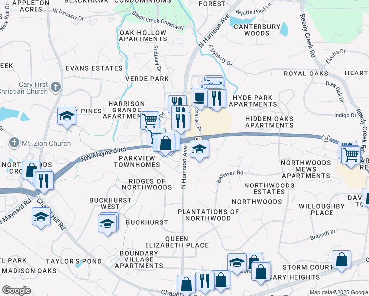 map of restaurants, bars, coffee shops, grocery stores, and more near 973 North Harrison Avenue in Cary