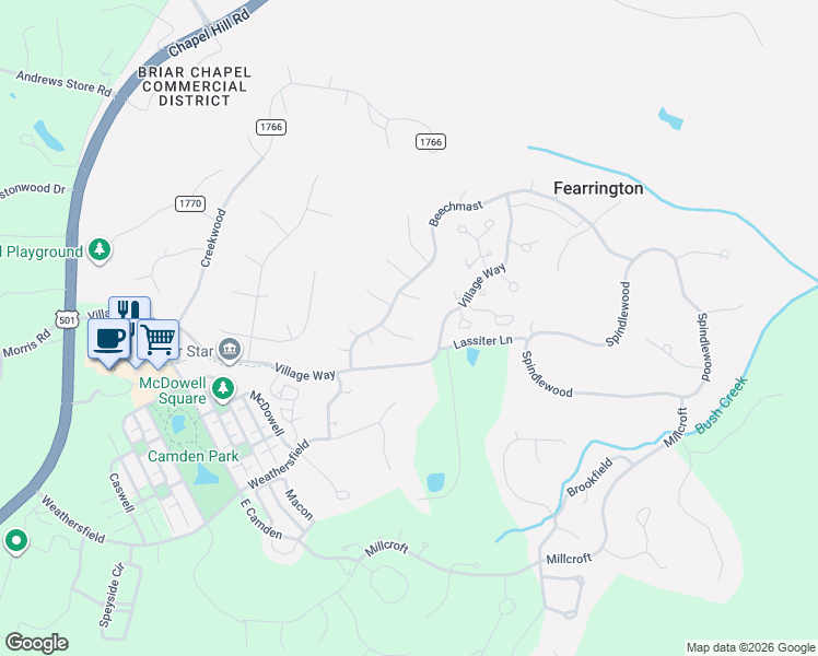map of restaurants, bars, coffee shops, grocery stores, and more near 267 Quail Run Road in Pittsboro