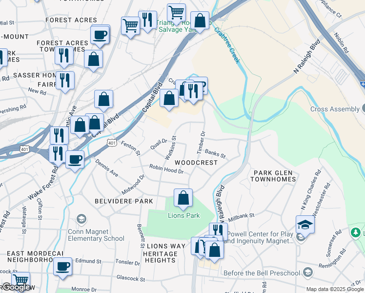 map of restaurants, bars, coffee shops, grocery stores, and more near 408 Quail Drive in Raleigh