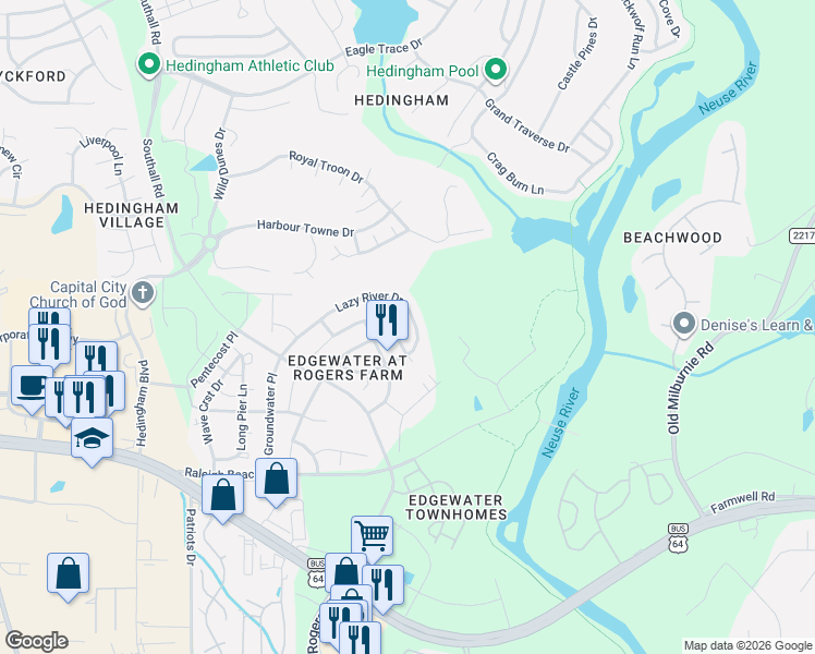 map of restaurants, bars, coffee shops, grocery stores, and more near 2348 Lazy River Drive in Raleigh