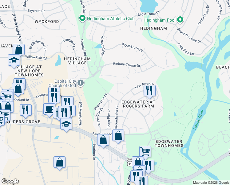 map of restaurants, bars, coffee shops, grocery stores, and more near 2205 Water Spray Drive in Raleigh