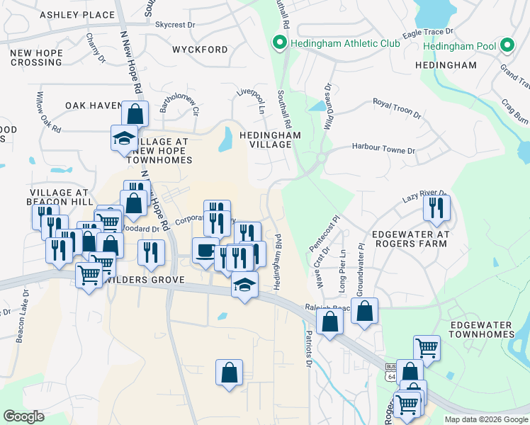 map of restaurants, bars, coffee shops, grocery stores, and more near 1501-1565 Hedingham Blvd in Raleigh