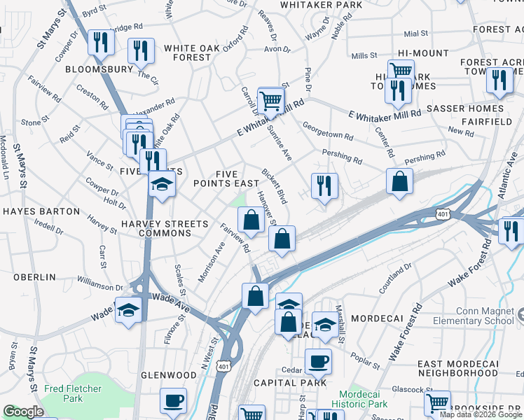 map of restaurants, bars, coffee shops, grocery stores, and more near 1515 Hanover Street in Raleigh