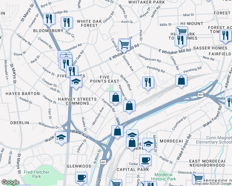 map of restaurants, bars, coffee shops, grocery stores, and more near 1515 Hanover Street in Raleigh