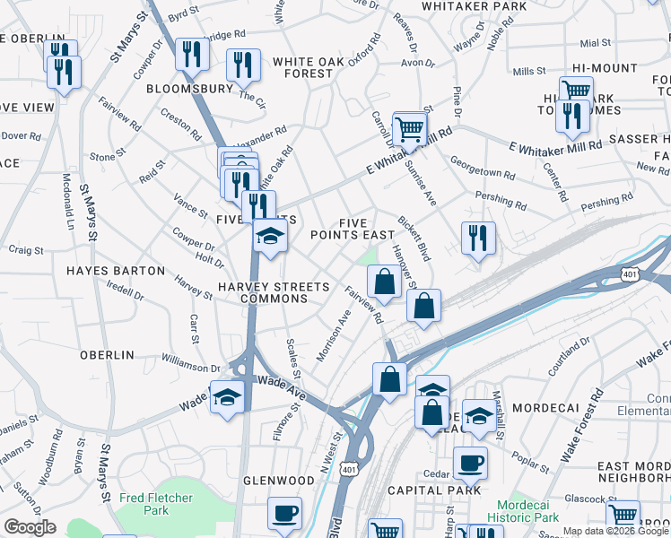 map of restaurants, bars, coffee shops, grocery stores, and more near 1602 Fairview Road in Raleigh