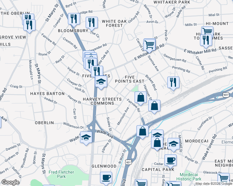 map of restaurants, bars, coffee shops, grocery stores, and more near 508 Burton Street in Raleigh