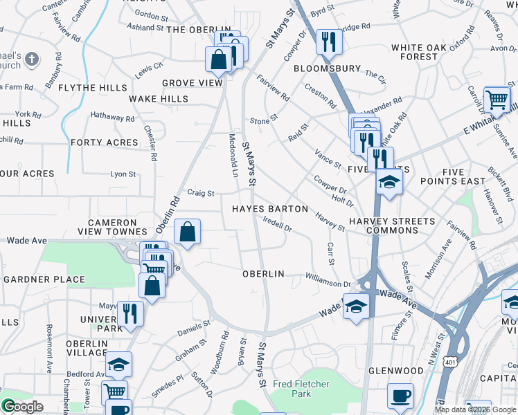 map of restaurants, bars, coffee shops, grocery stores, and more near 1701 Saint Marys Street in Raleigh