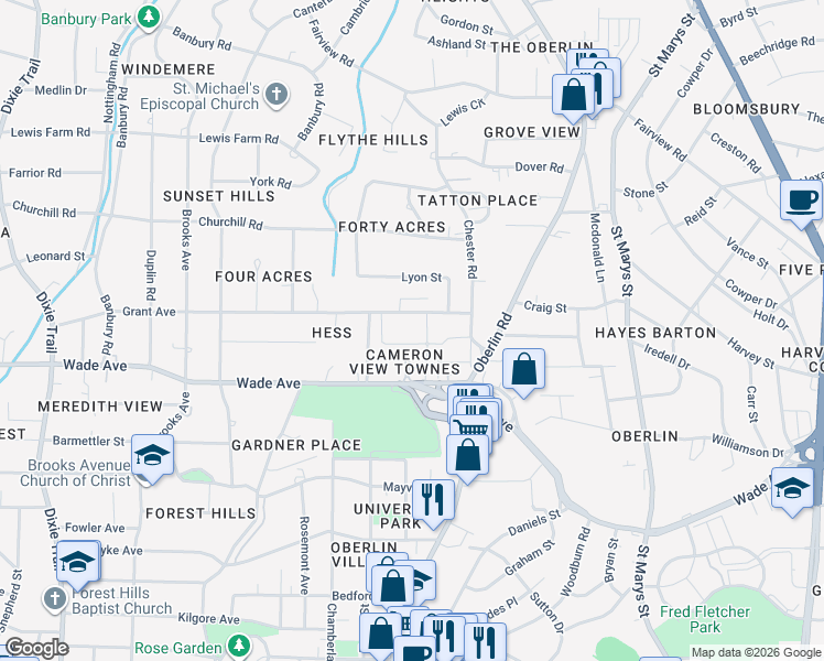 map of restaurants, bars, coffee shops, grocery stores, and more near 2310 McMullan Circle in Raleigh