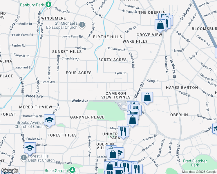 map of restaurants, bars, coffee shops, grocery stores, and more near 2375 McMullan Circle in Raleigh