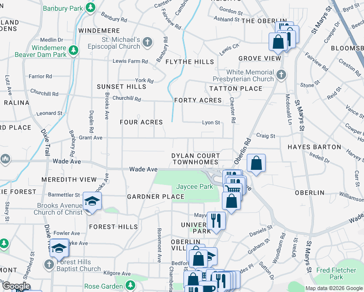map of restaurants, bars, coffee shops, grocery stores, and more near 1204 Weldon Place in Raleigh