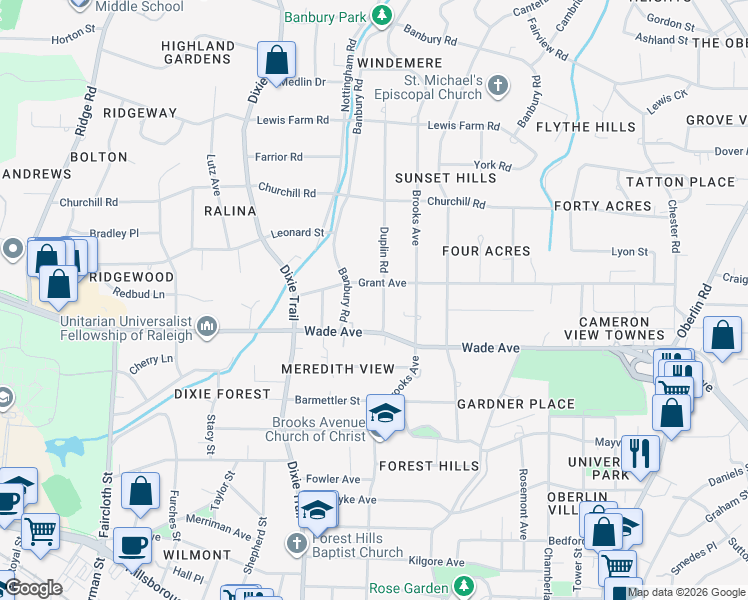 map of restaurants, bars, coffee shops, grocery stores, and more near 1220 Duplin Road in Raleigh