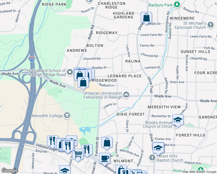 map of restaurants, bars, coffee shops, grocery stores, and more near 3419 Redbud Lane in Raleigh