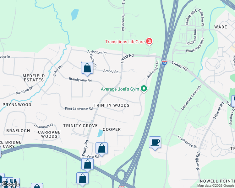 map of restaurants, bars, coffee shops, grocery stores, and more near 111 Brandywine Drive in Raleigh