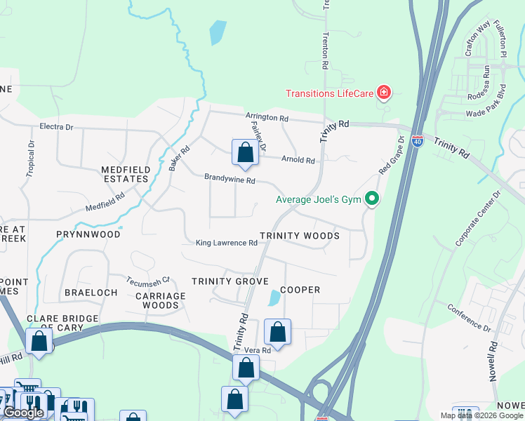 map of restaurants, bars, coffee shops, grocery stores, and more near 1619 Trinity Road in Raleigh