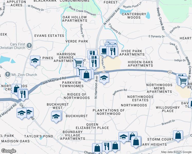 map of restaurants, bars, coffee shops, grocery stores, and more near 965 North Harrison Avenue in Cary
