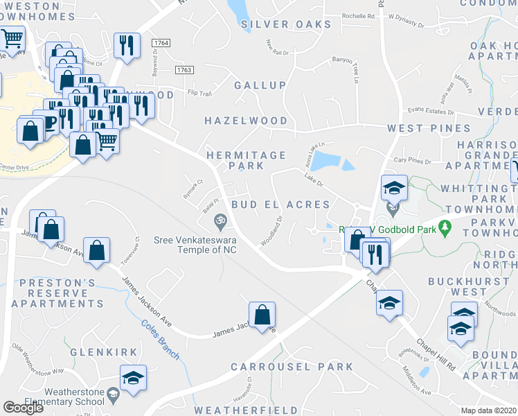 map of restaurants, bars, coffee shops, grocery stores, and more near 1006 Laurel Twist Road in Cary