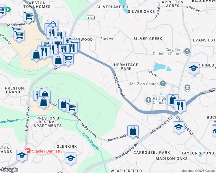 map of restaurants, bars, coffee shops, grocery stores, and more near 735 Lampwick Lane in Cary