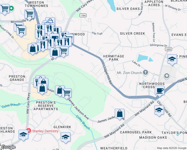 map of restaurants, bars, coffee shops, grocery stores, and more near 1011 Rexburg Drive in Cary