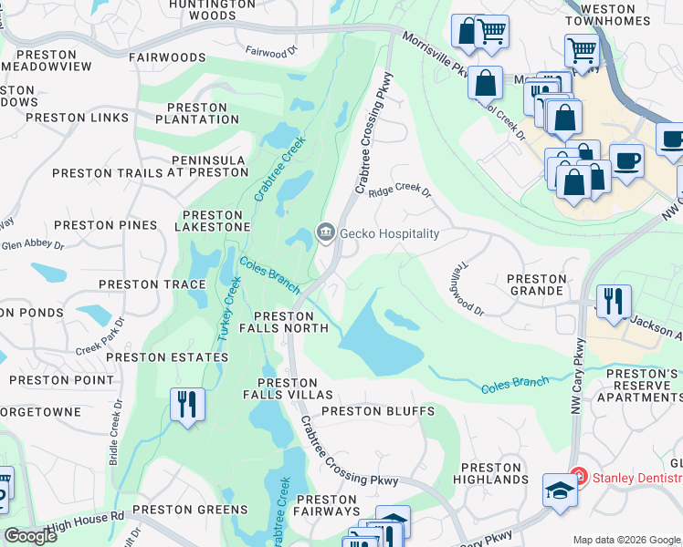 map of restaurants, bars, coffee shops, grocery stores, and more near 790 Crabtree Crossing Parkway in Cary
