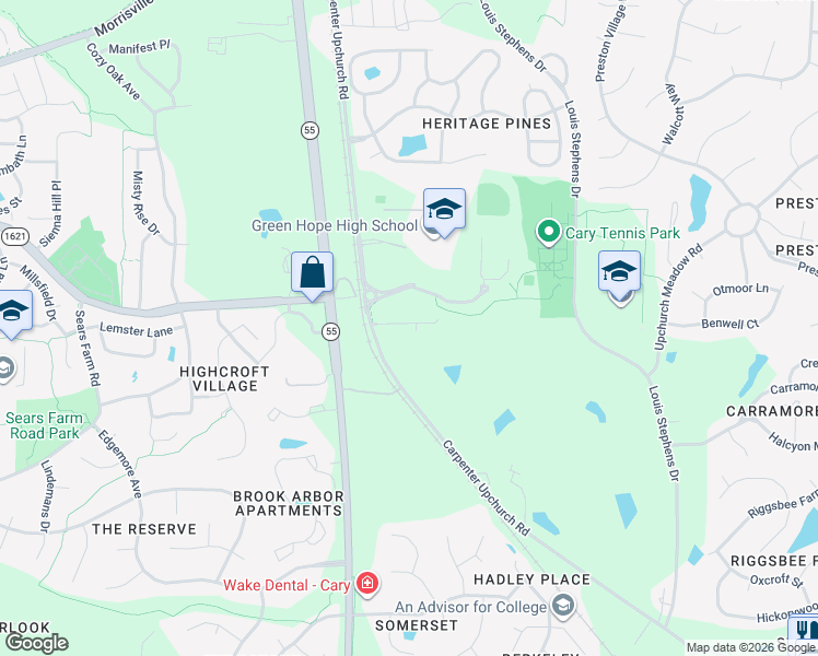 map of restaurants, bars, coffee shops, grocery stores, and more near 2350-2438 Carpenter Upchurch Road in Cary