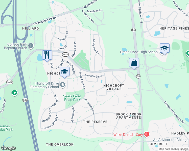 map of restaurants, bars, coffee shops, grocery stores, and more near 944 Lemster Lane in Cary