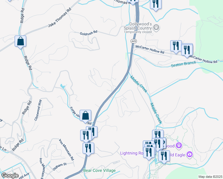 map of restaurants, bars, coffee shops, grocery stores, and more near 1192 Pinyon Circle in Pigeon Forge