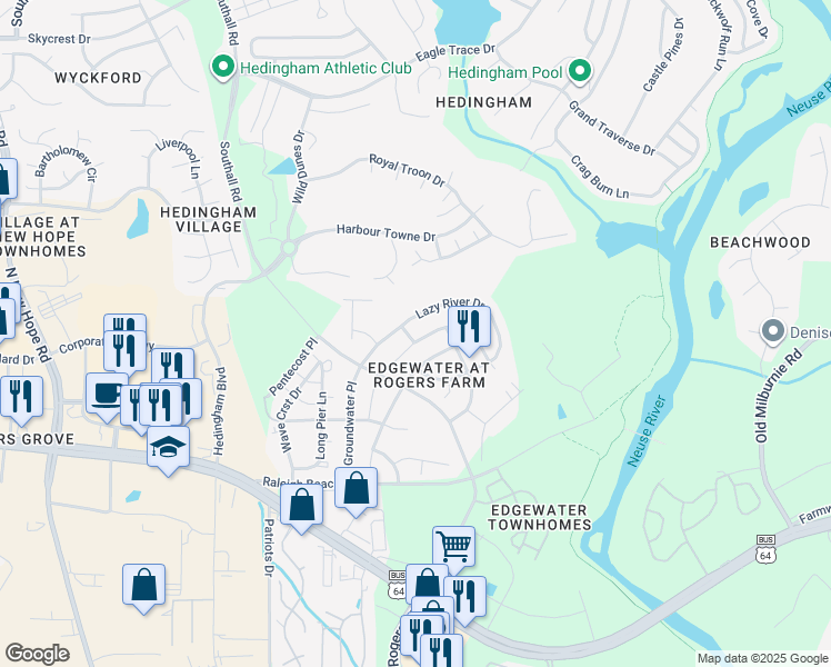 map of restaurants, bars, coffee shops, grocery stores, and more near 2233 Flowing Drive in Raleigh