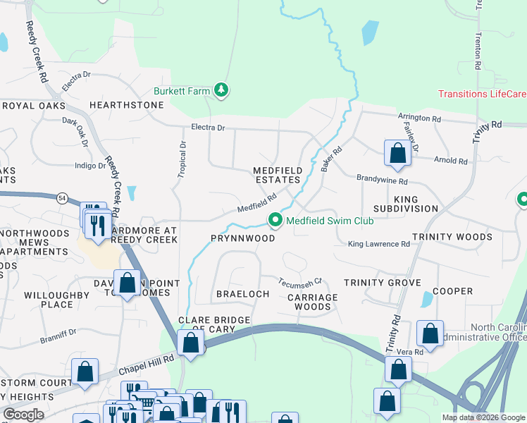 map of restaurants, bars, coffee shops, grocery stores, and more near 1408 Medfield Road in Raleigh