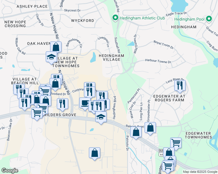 map of restaurants, bars, coffee shops, grocery stores, and more near 1501-1565 Hedingham Blvd in Raleigh