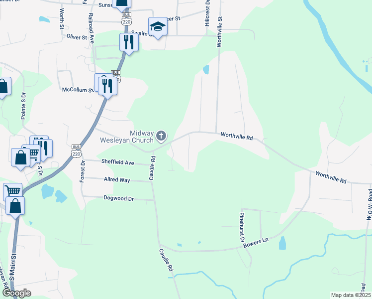 map of restaurants, bars, coffee shops, grocery stores, and more near 3367 Midway View Drive in Randleman
