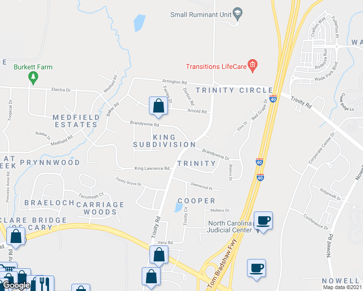 map of restaurants, bars, coffee shops, grocery stores, and more near 1619 Trinity Road in Raleigh