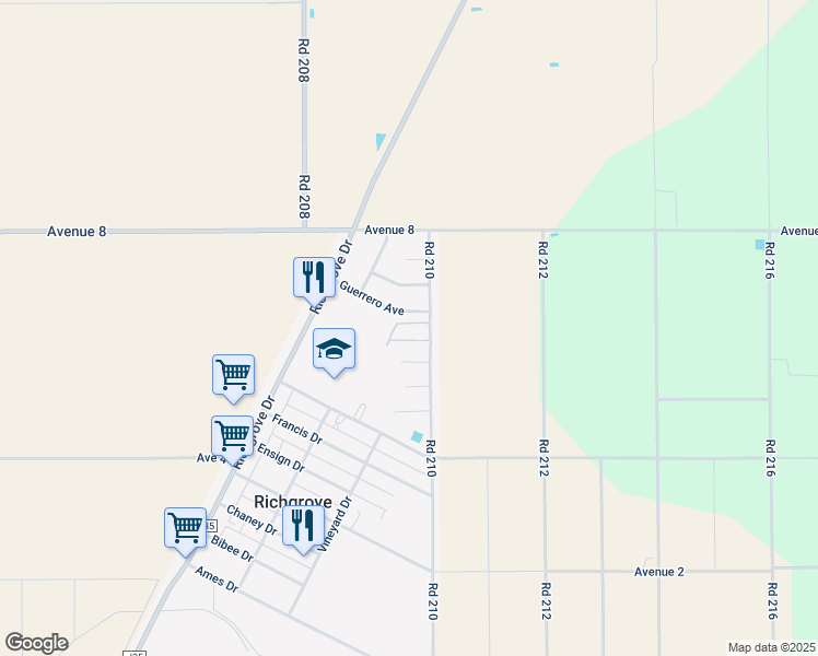 map of restaurants, bars, coffee shops, grocery stores, and more near 631 Road 210 in Richgrove