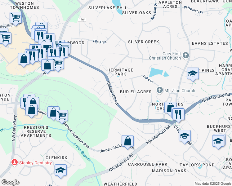 map of restaurants, bars, coffee shops, grocery stores, and more near 9444 Chapel Hill Road in Cary