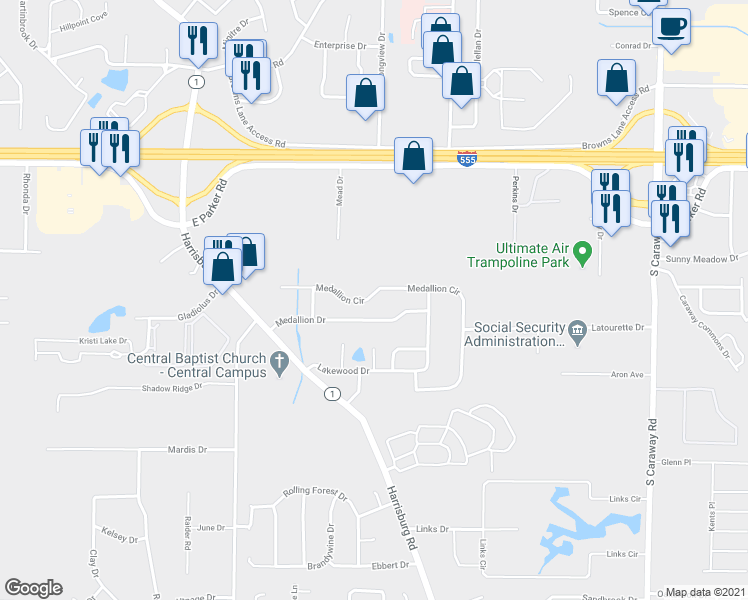 map of restaurants, bars, coffee shops, grocery stores, and more near 1223 Medallion Circle in Jonesboro