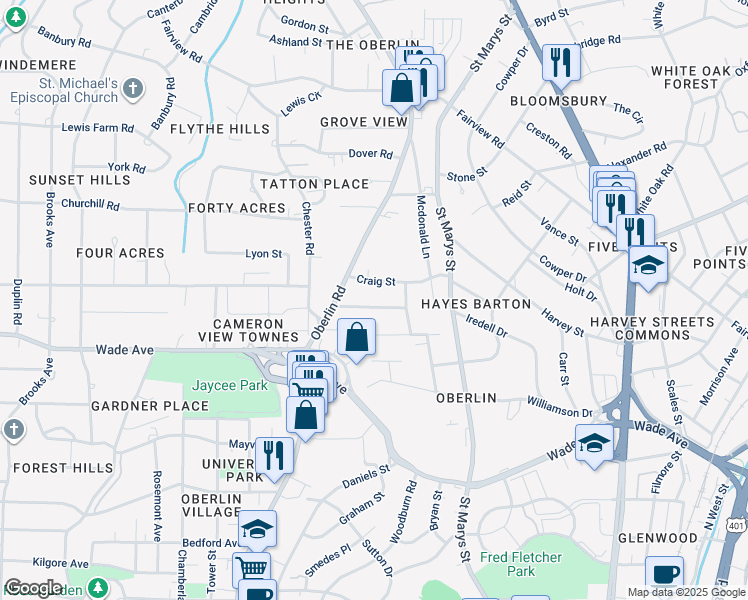 map of restaurants, bars, coffee shops, grocery stores, and more near 1820 Wilshire Avenue in Raleigh