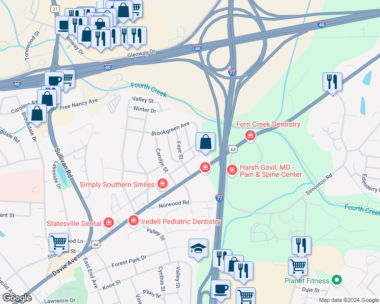 map of restaurants, bars, coffee shops, grocery stores, and more near 1701 Brookgreen Avenue in Statesville