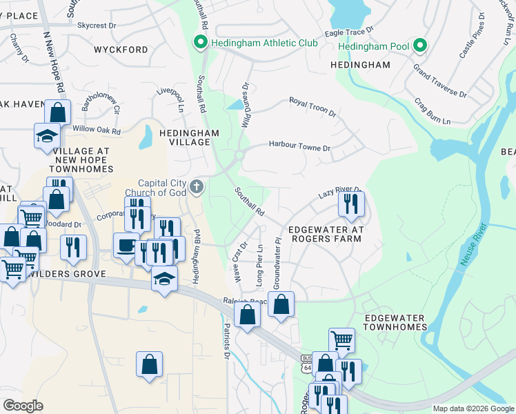 map of restaurants, bars, coffee shops, grocery stores, and more near 2205 Water Spray Drive in Raleigh