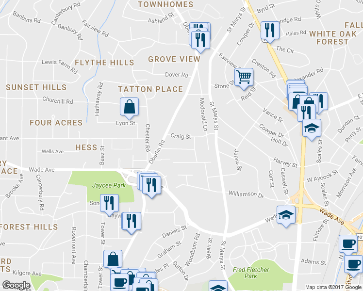 map of restaurants, bars, coffee shops, grocery stores, and more near 1820 Wilshire Avenue in Raleigh