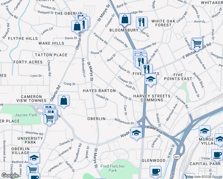 map of restaurants, bars, coffee shops, grocery stores, and more near 1025 Harvey Street in Raleigh