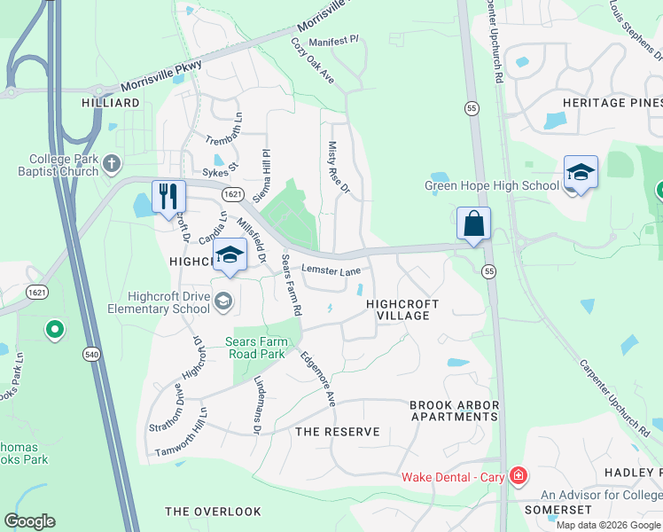 map of restaurants, bars, coffee shops, grocery stores, and more near 944 Lemster Lane in Cary