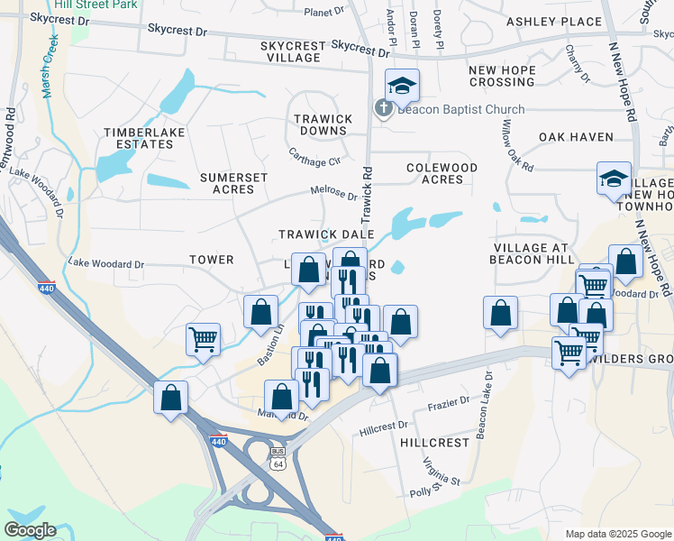 map of restaurants, bars, coffee shops, grocery stores, and more near 3710 Votive Lane in Raleigh